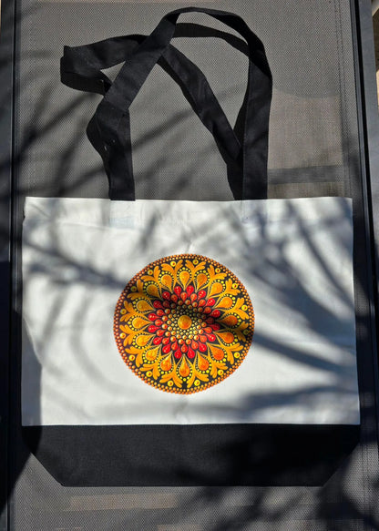 Sac fourre-tout en coton blanc – Mandala imprimé orange ou bleu | Création artisanale