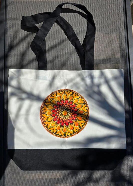 Sac fourre-tout en coton blanc – Mandala imprimé orange ou bleu | Création artisanale