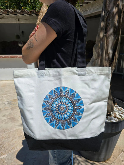 Sac fourre-tout en coton blanc – Mandala imprimé orange ou bleu | Création artisanale
