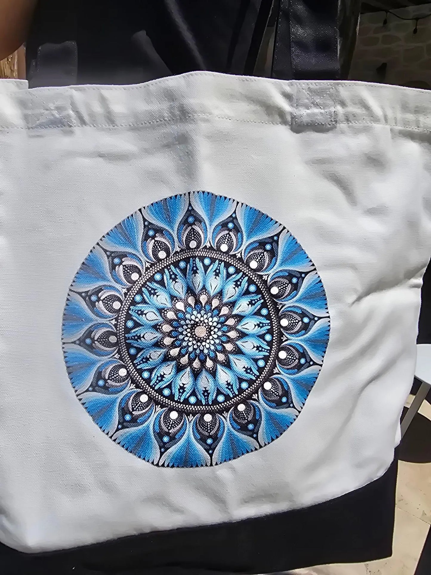 Sac fourre-tout en coton blanc – Mandala imprimé orange ou bleu | Création artisanale