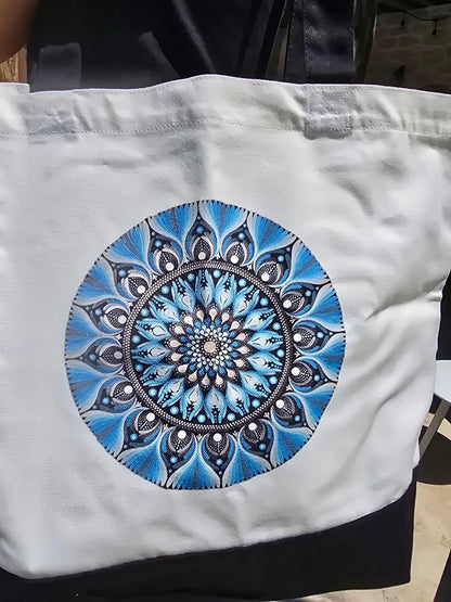 Sac fourre-tout en coton blanc – Mandala imprimé orange ou bleu | Création artisanale