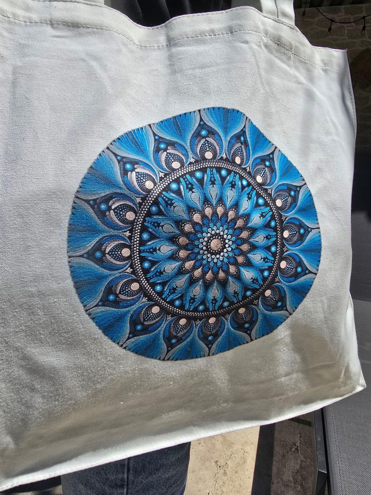 Sac fourre-tout en coton blanc – Mandala imprimé orange ou bleu | Création artisanale