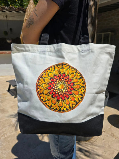 Sac fourre-tout en coton blanc – Mandala imprimé orange ou bleu | Création artisanale