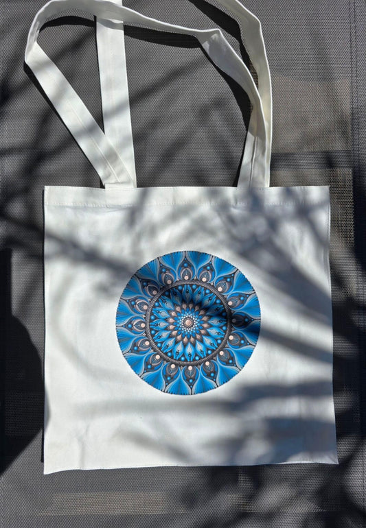 Sac fourre-tout en coton blanc – Mandala imprimé orange ou bleu | Création artisanale