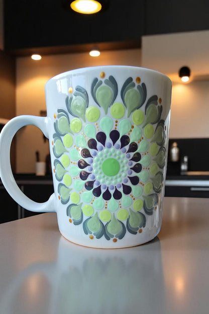 Mug blanc mandala pointillisme vert et prune