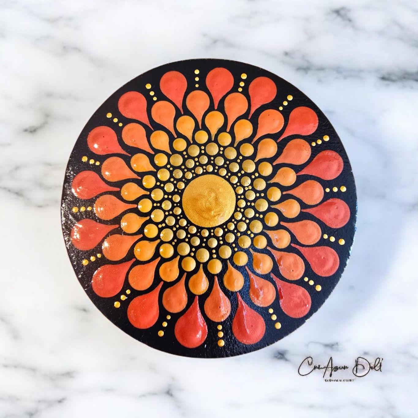 Miroir de poche en bois mandala en pointillisme orange et doré