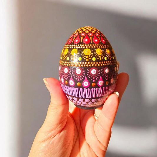 Œuf décoratif en plâtre peint à la main – Pointillisme rose, jaune et orange pailleté