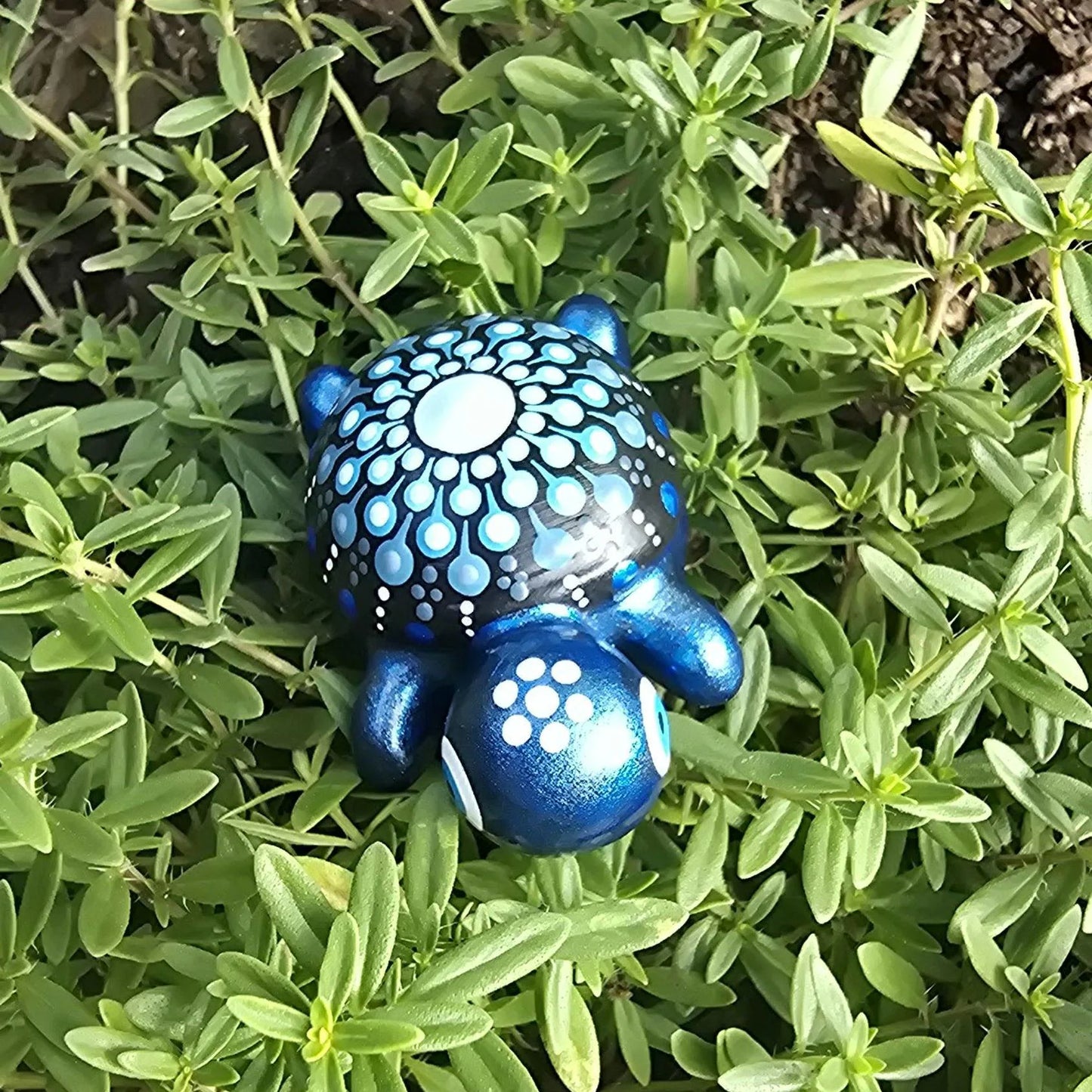Petite tortue décorative en plâtre bleu métallisé