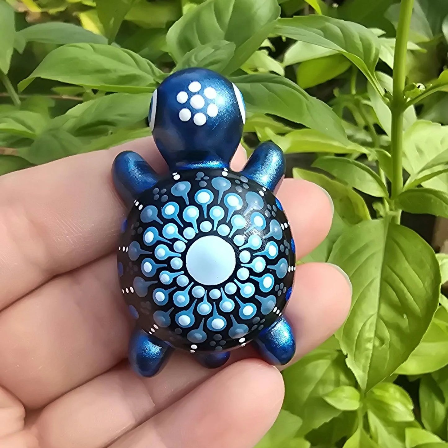 Petite tortue décorative en plâtre bleu métallisé