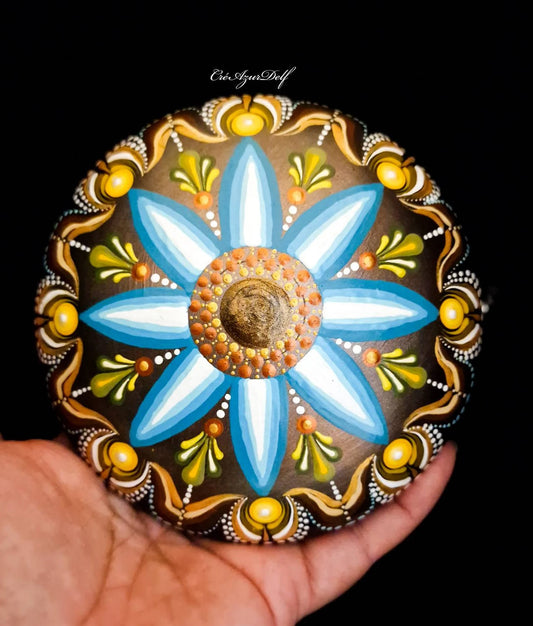 Grande pierre mandala en plâtre résine – Pointillisme artisanal