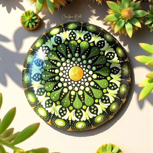 Pierre de méditation ou décorative  Mandala vert et or
