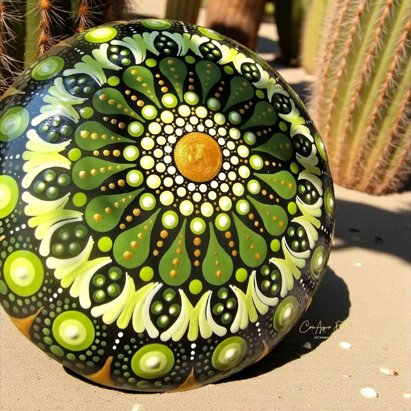 Pierre de méditation ou décorative  Mandala vert et or