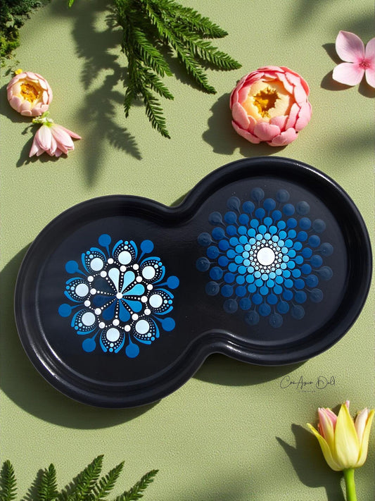 Plateau double peint à la main – Mandala pointillisme bleu – Plateau déco et service