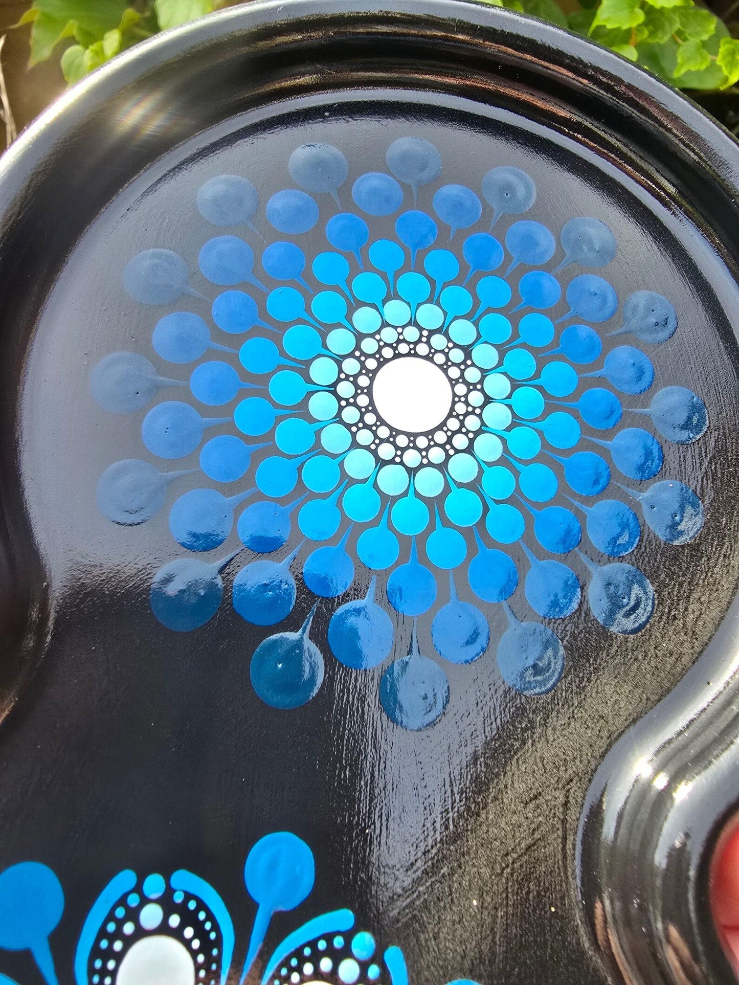Plateau double peint à la main – Mandala pointillisme bleu – Plateau déco et service