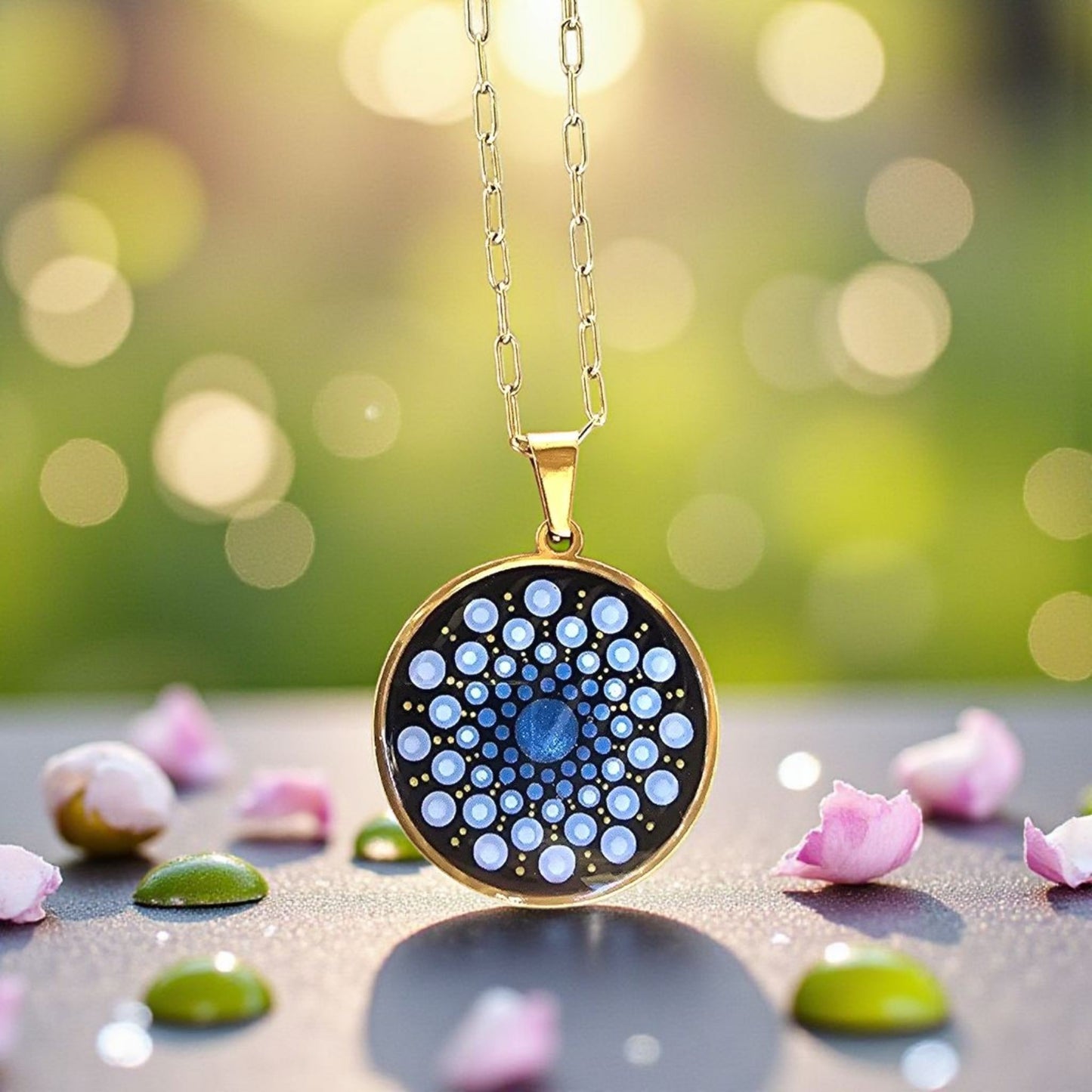Collier Mandala bleu métallisé en acier inoxydable