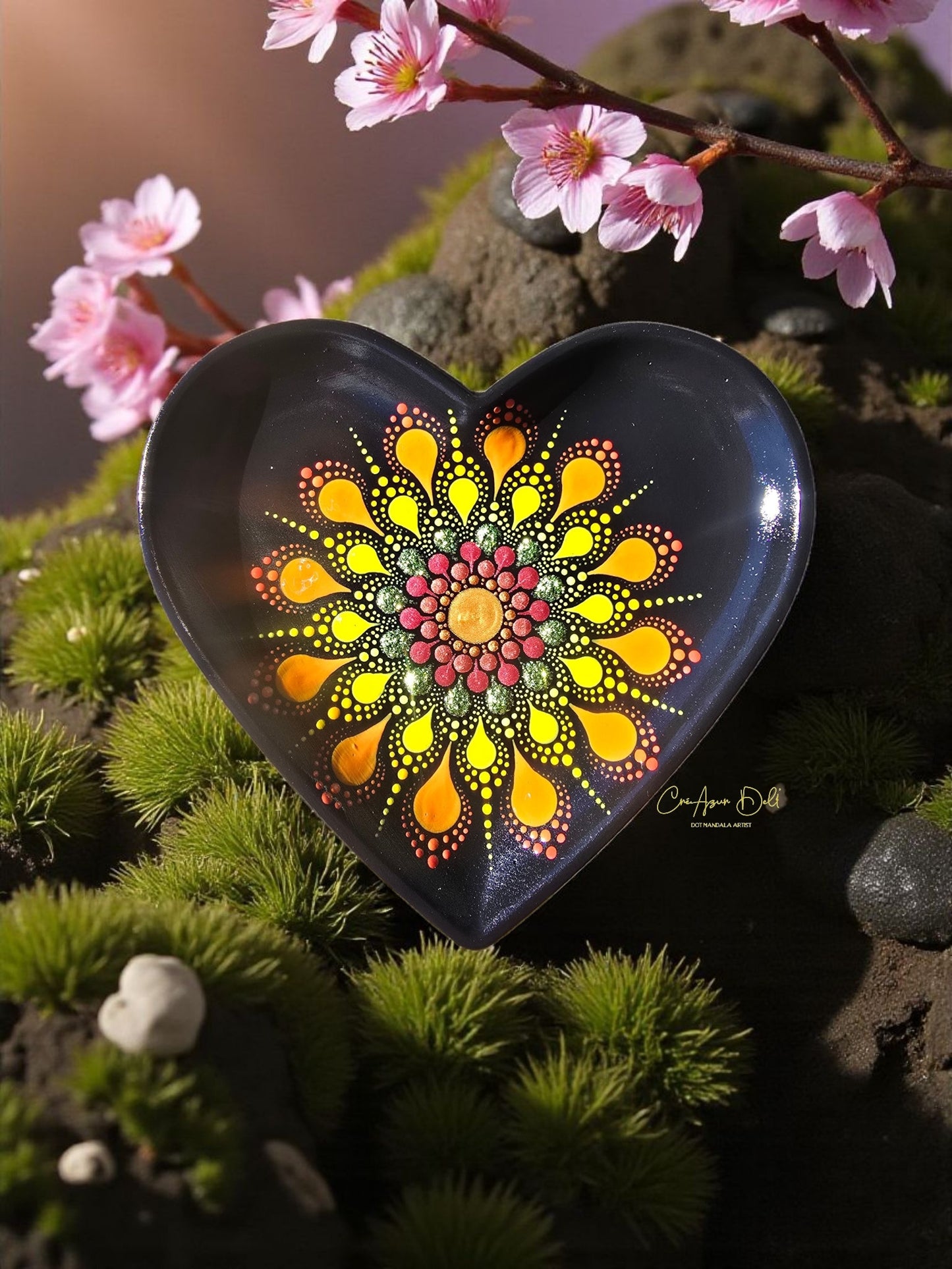 Coupelle à bijoux cœur mandala jaune, orange, fuchsia, vert pailleté & doré en pointillisme