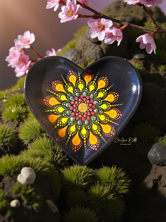 Coupelle à bijoux cœur mandala jaune, orange, fuchsia, vert pailleté & doré en pointillisme