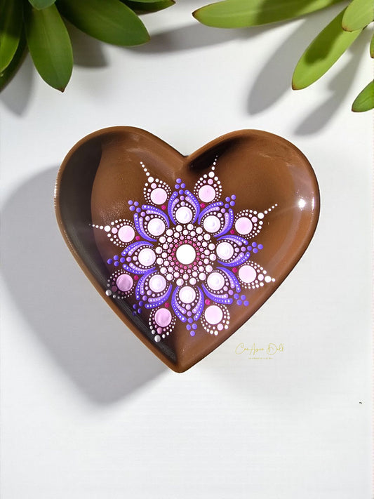 Coupelle cœur marron mandala rose & mauve en pointillisme