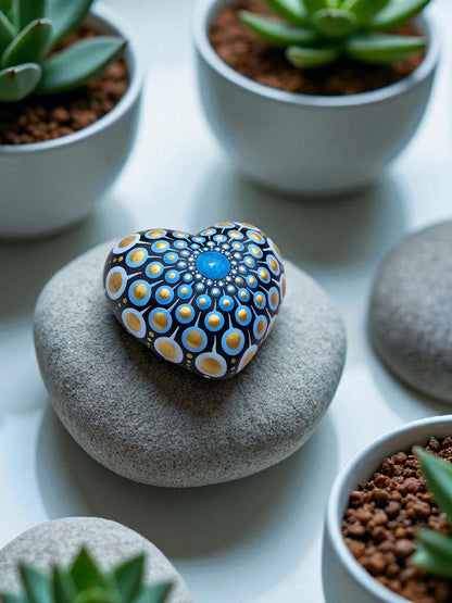 Petit coeur blanc mandala en pointillisme bleu et doré
