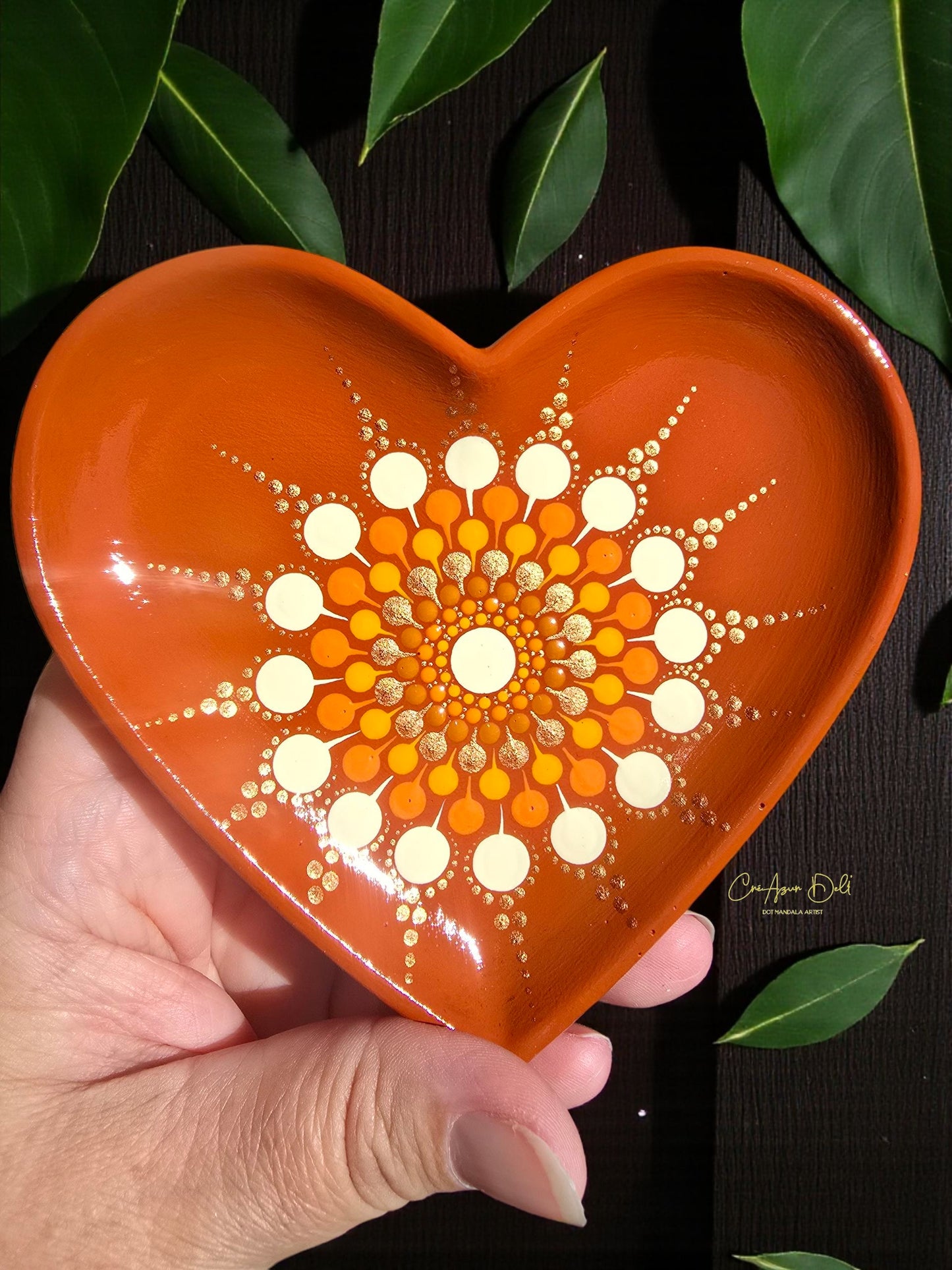 Coupelle à bijoux mandala crème, orange & doré en pointillisme