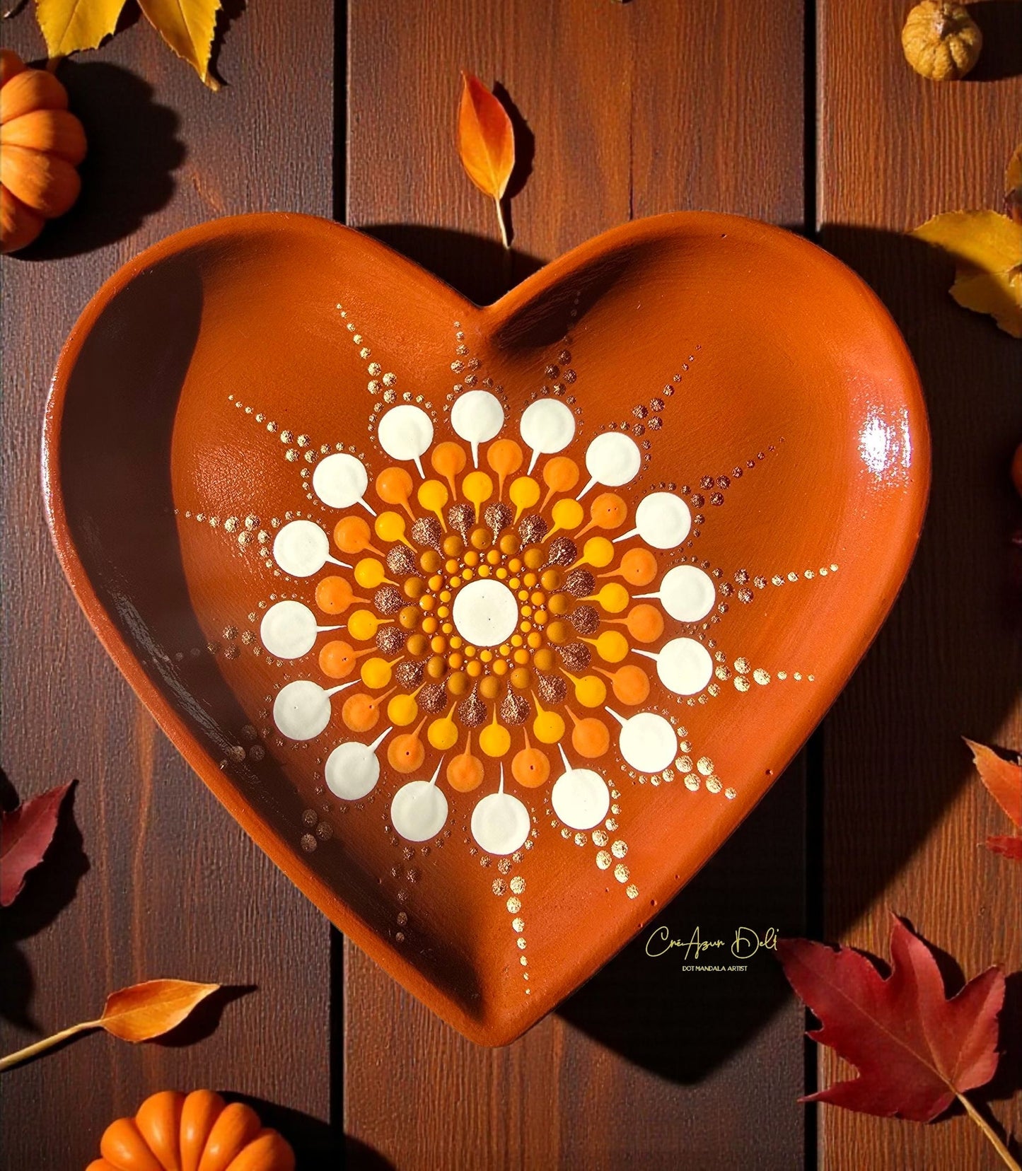 Coupelle à bijoux mandala crème, orange & doré en pointillisme