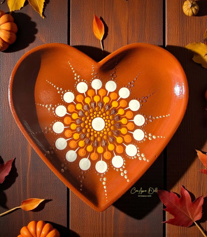 Coupelle à bijoux mandala crème, orange & doré en pointillisme