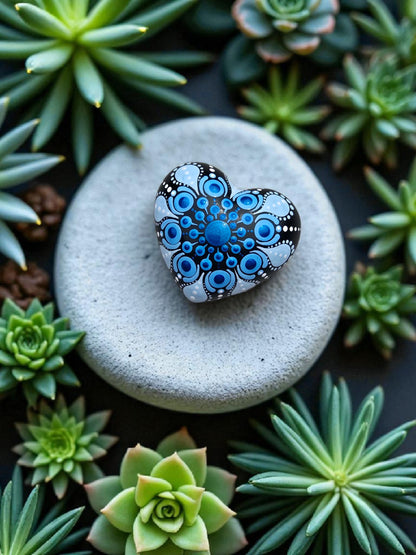 Petit coeur blanc mandala en pointillisme bleu metallisé et blanc