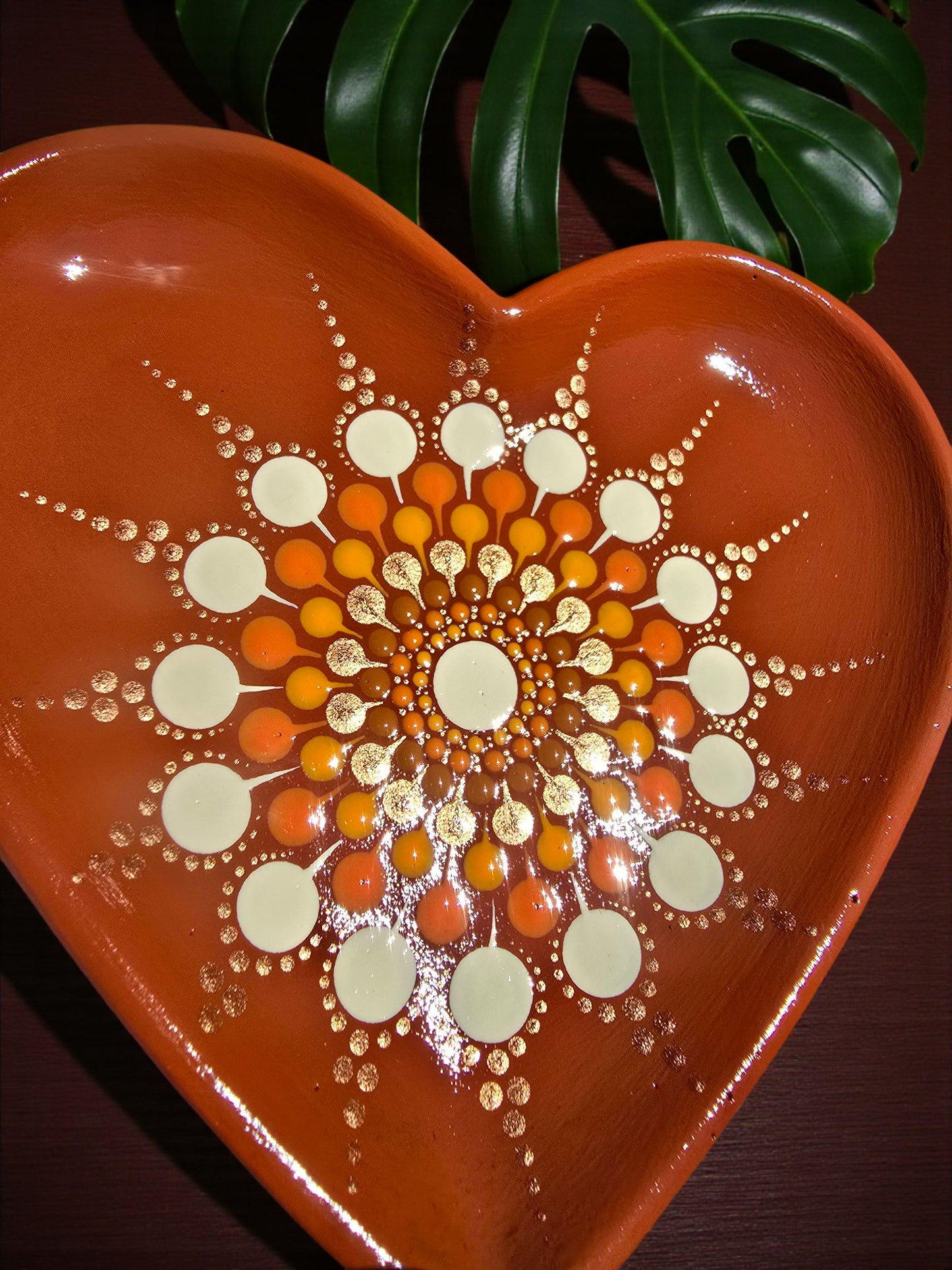 Coupelle à bijoux mandala crème, orange & doré en pointillisme