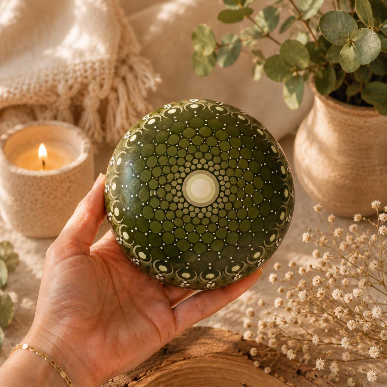 Sphère décorative mandala vert et blanc