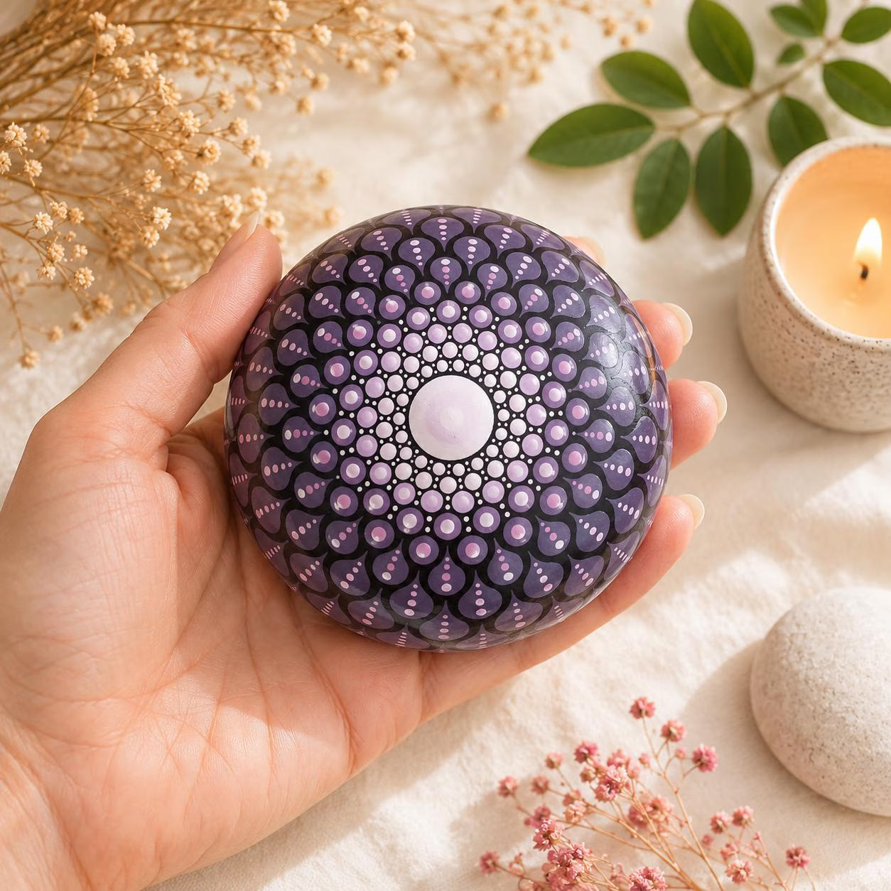 Sphère décorative en plâtre résine peinte à la main – Pointillisme prune