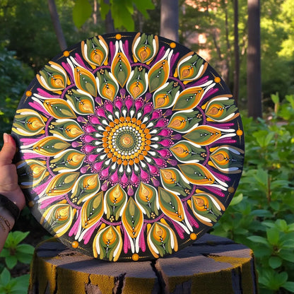 Tableau en bois mandala en pointillisme vert/fuchsia metallisé, décoration d'intérieur, décoration murale, pièce unique