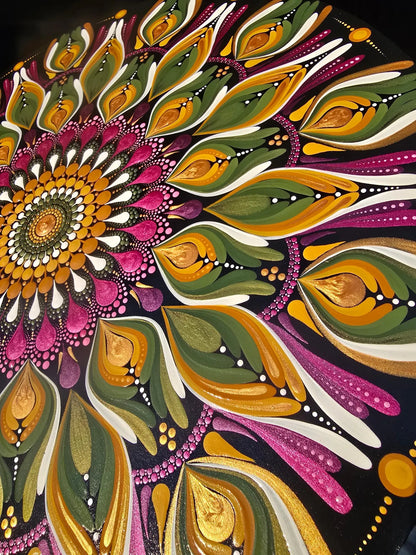 Tableau en bois mandala en pointillisme vert/fuchsia metallisé, décoration d'intérieur, décoration murale, pièce unique