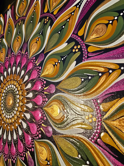 Tableau en bois mandala en pointillisme vert/fuchsia metallisé, décoration d'intérieur, décoration murale, pièce unique