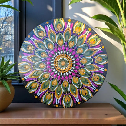 Tableau en bois mandala en pointillisme vert/fuchsia metallisé, décoration d'intérieur, décoration murale, pièce unique