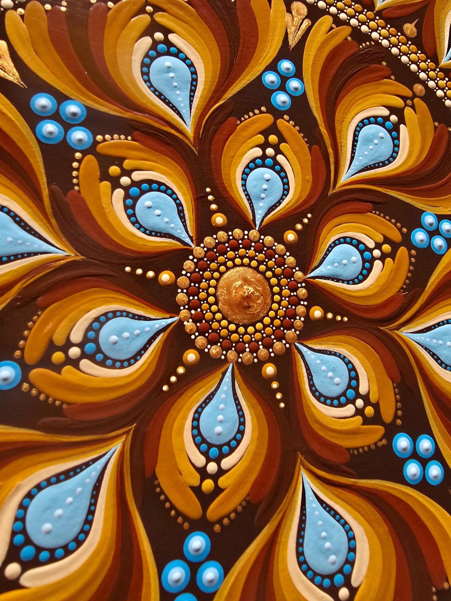 Tableau Mandala Pointillisme Marron Bleu 30cm – Art Mural Fait Main Zen