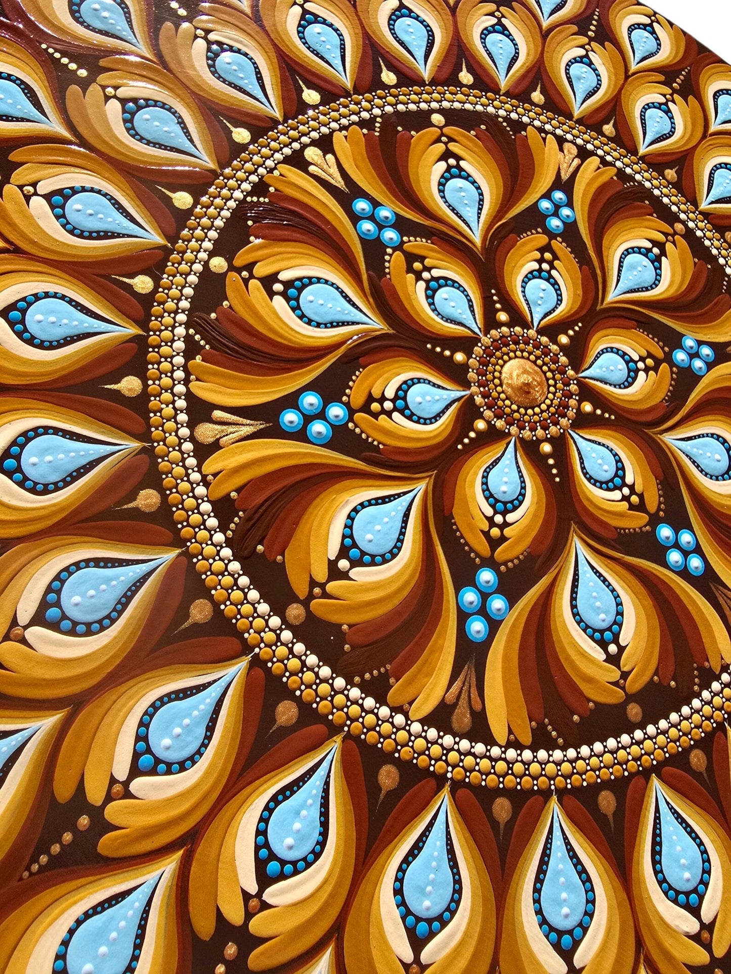 Tableau Mandala Pointillisme Marron Bleu 30cm – Art Mural Fait Main Zen