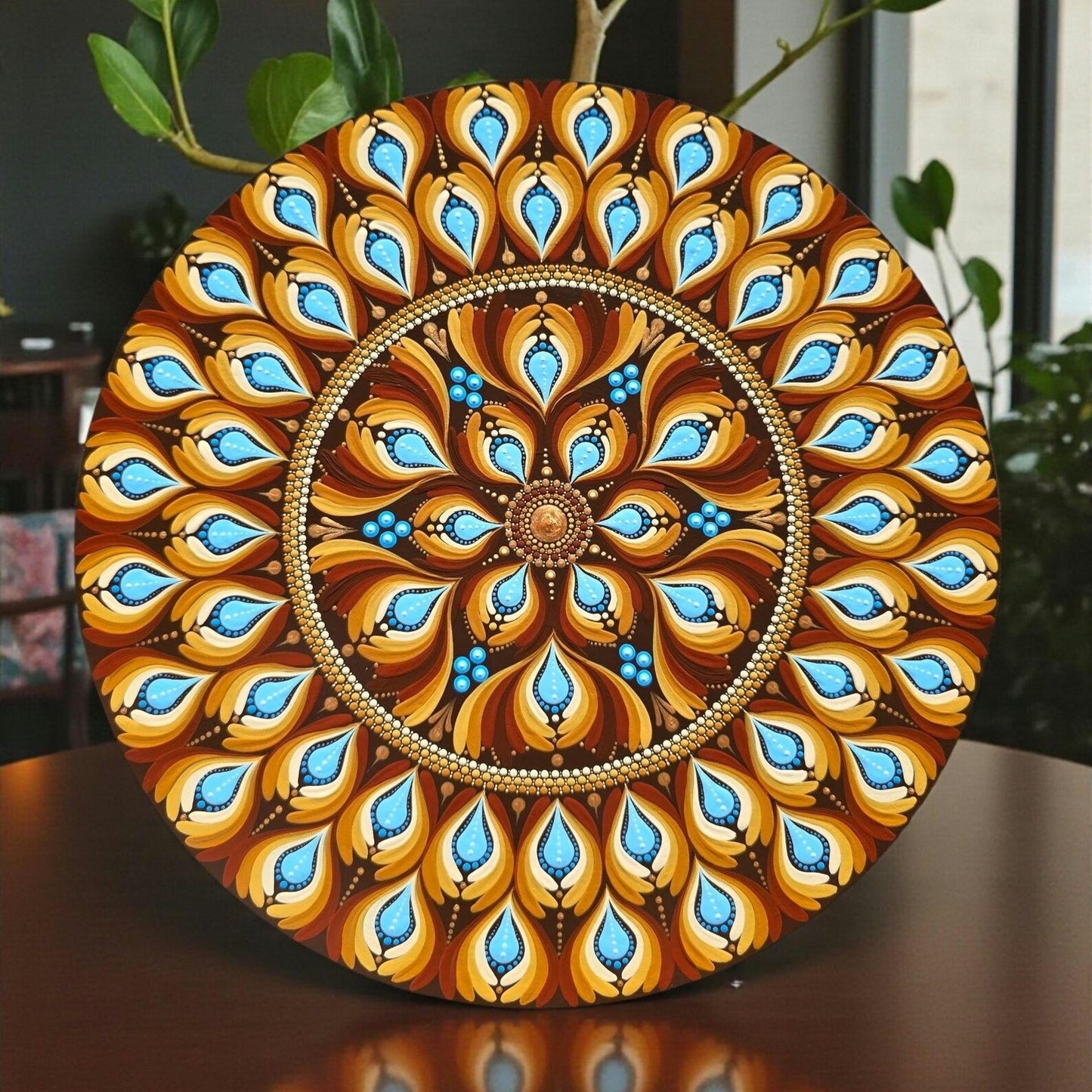 Tableau Mandala Pointillisme Marron Bleu 30cm – Art Mural Fait Main Zen