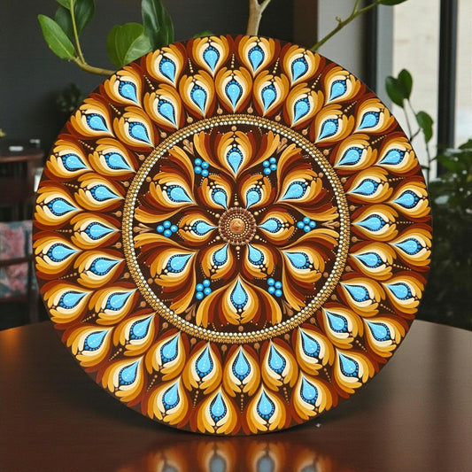 Tableau Mandala Pointillisme Marron Bleu 30cm – Art Mural Fait Main Zen